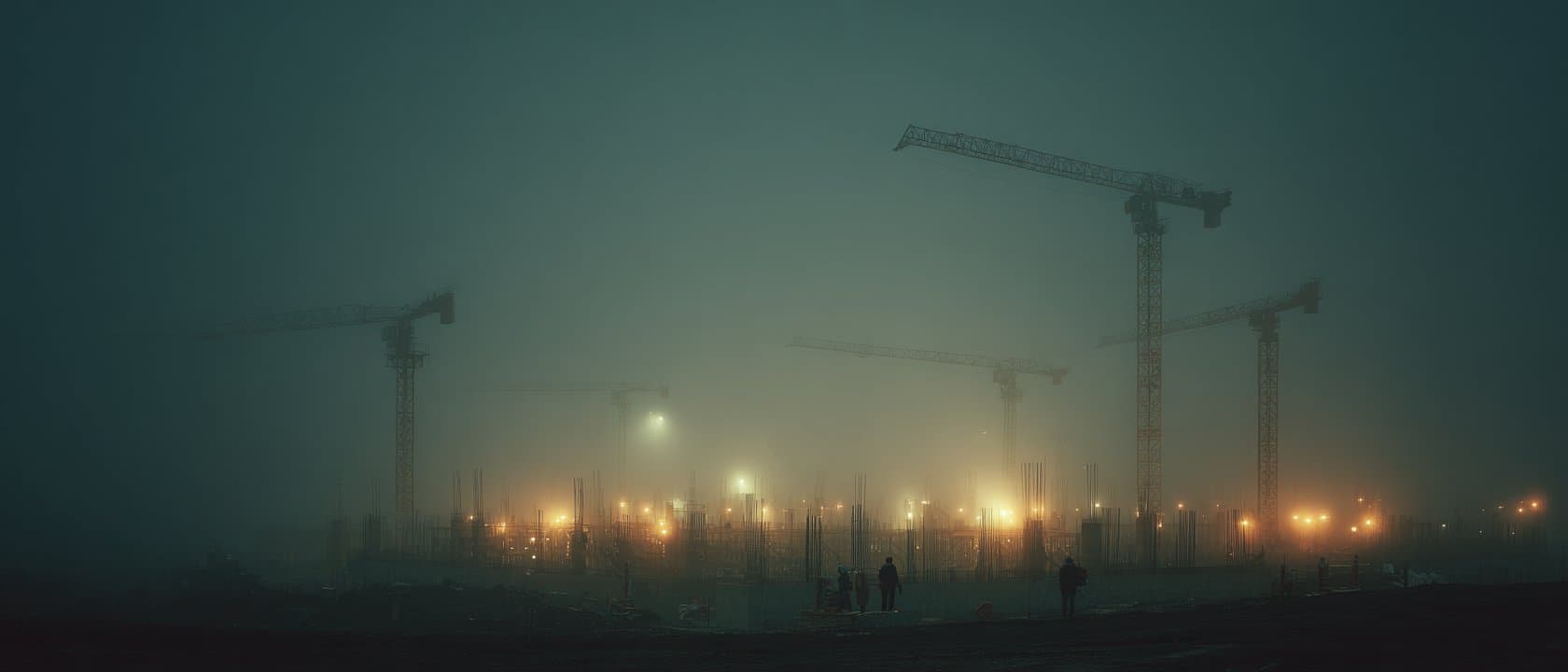 A large construction site at dusk, tower cranes rising through low fog.