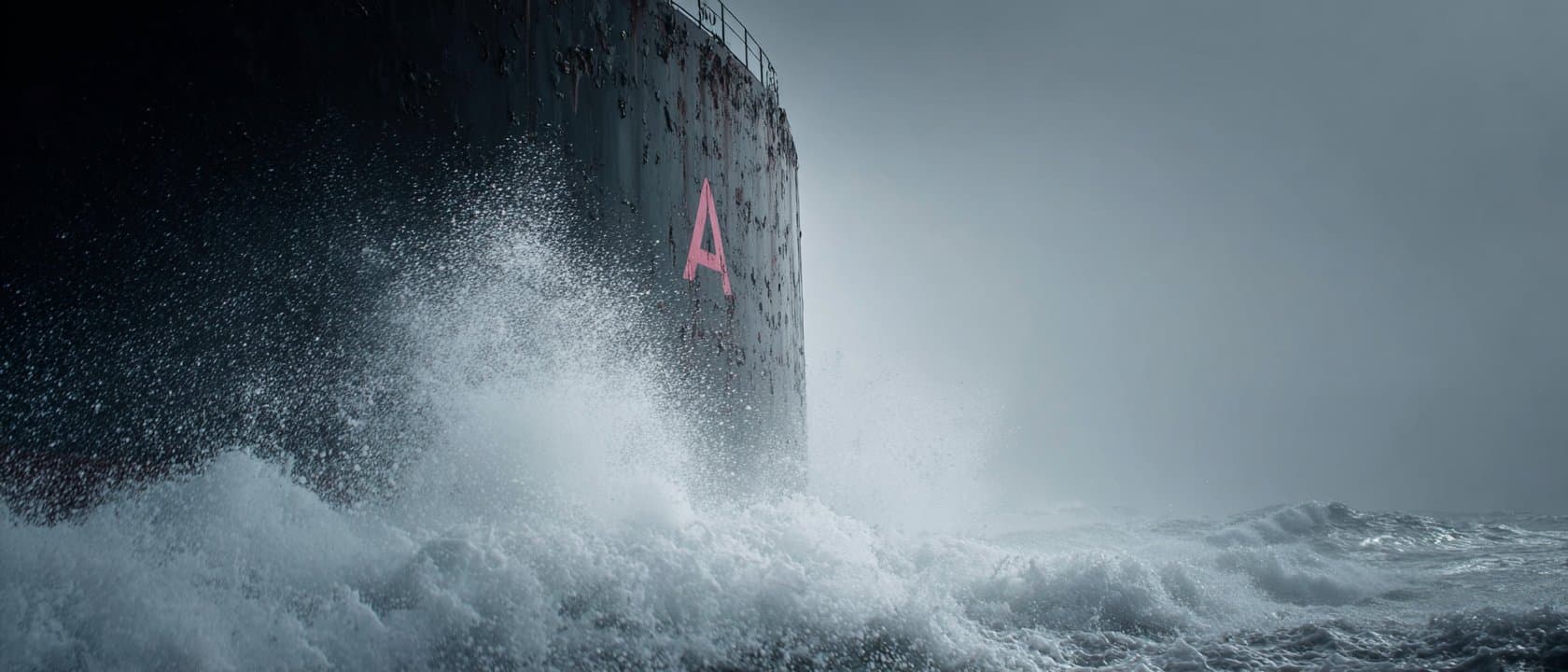 A cargo vessel marked with an “A” cutting through open sea.