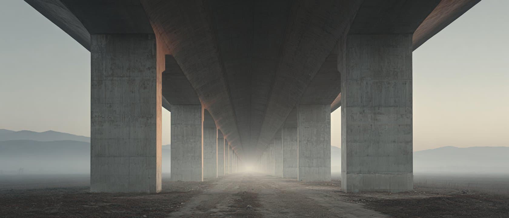 The underside of a newly built elevated motorway receding into morning mist.