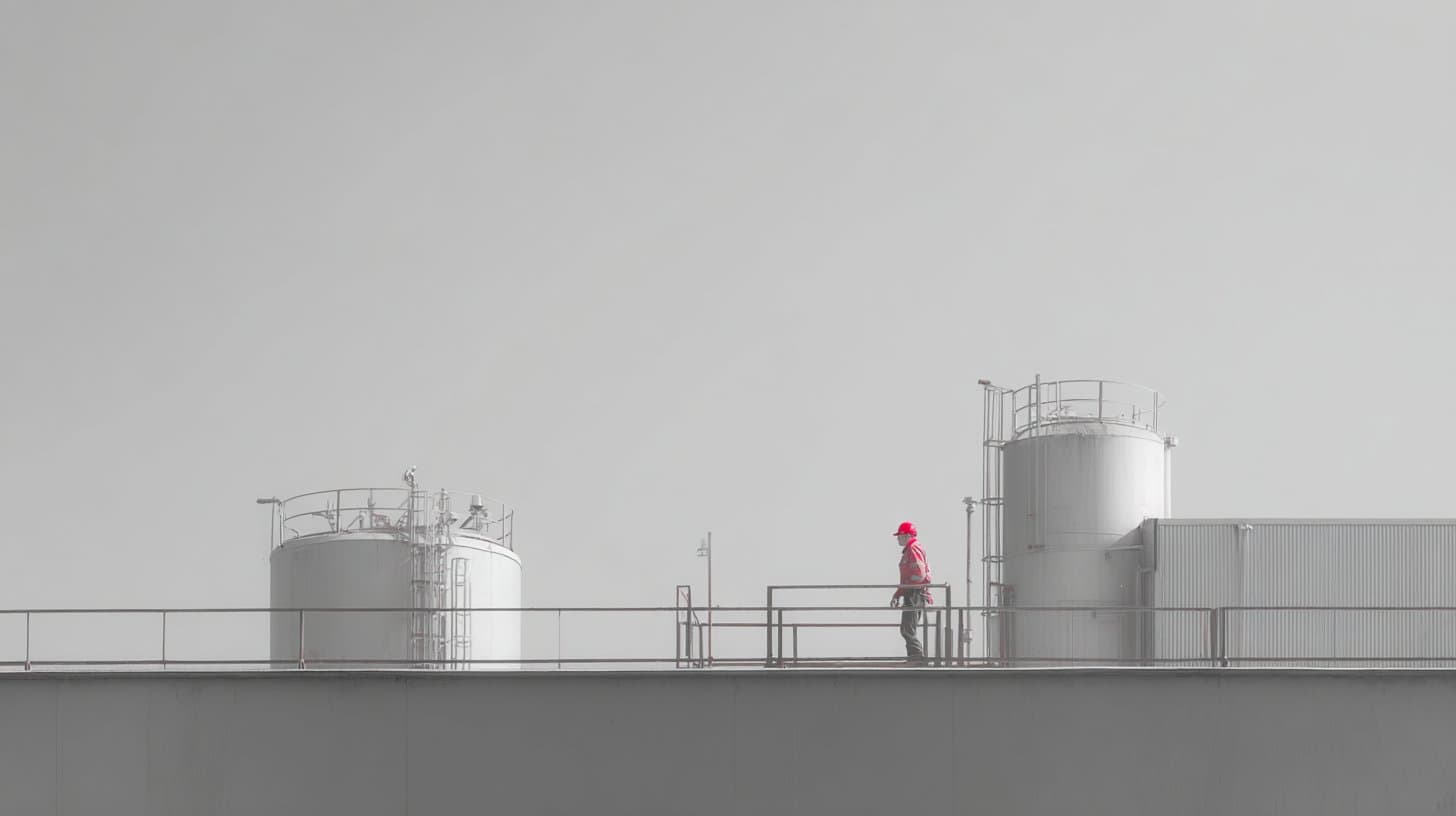A clean, high-key industrial facility with a single figure crossing a walkway.