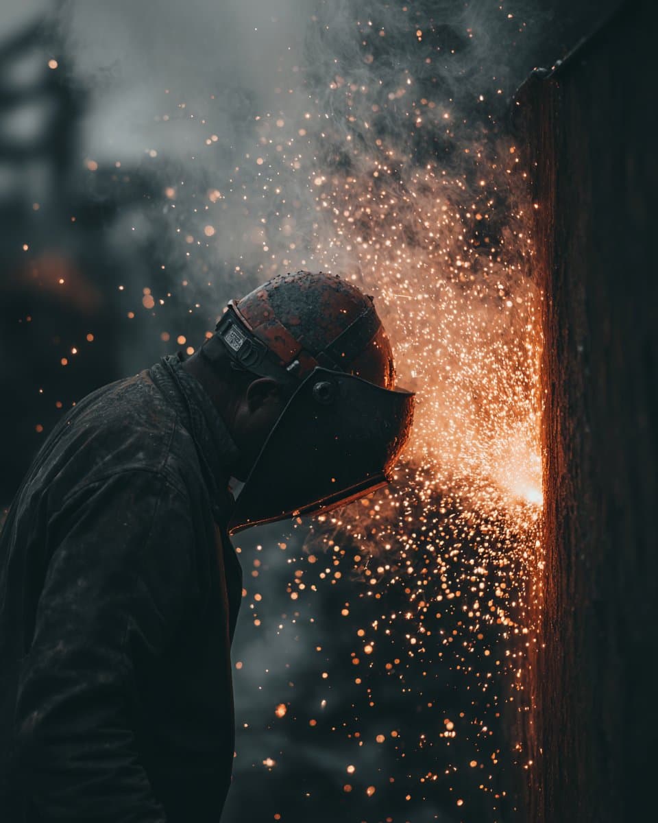 A specialist welder at work on site — execution delivered to London Arena’s standard.